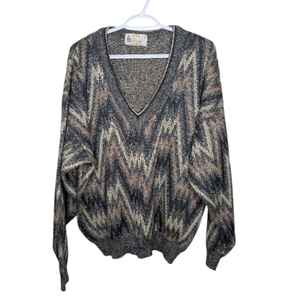 Vintage London Fog Deep V-Neck Sweater Geometric Zig Zag Knit Large
